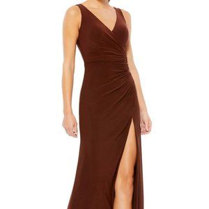 Ieena For Mac Duggal Chocolate Brown Ruched V-Neck Jersey Gown